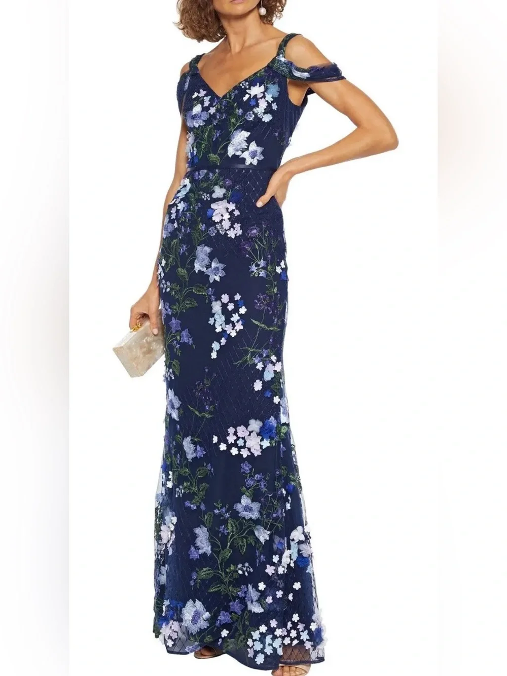 Marchesa Notte Navy Floral Appliqué Embroidered Off Shoulder Tulle Gown Dress 8 - Picture 2 of 9